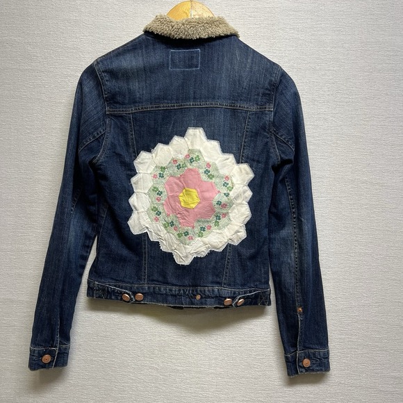 Upcycled Denim Jacket Sherpa Collar Artsy Boho Art To Wear Patchwork Feedsack - Picture 1 of 9
